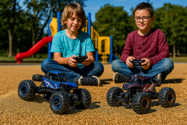 Two boys sitting in playground playing with two remote control cars, one blue and one red