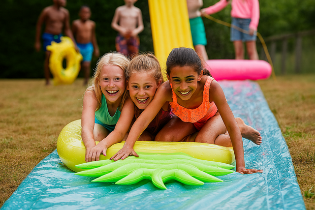 Three girls going down a slip 'n slide on an inflatable pineapple