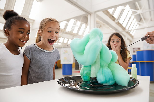 Three children standing around a table with elephant toothpaste experiment