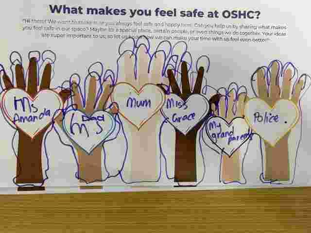 Children's handprints with hearts labeled: Ms Amanda, Dad, Mum, Miss Grace, Police, My grandparents, on a safety-themed poster.