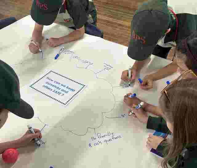 Children in school uniforms write ideas on a paper about safety, surrounding a central question: "How can we keep ourselves and others safe?"