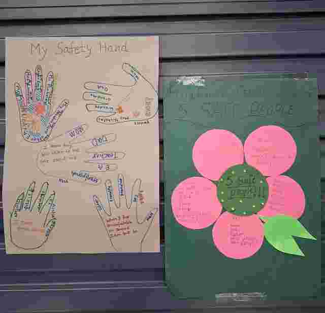 Two colorful posters about safety: one with handprints listing trusted adults, the other with a flower design listing five safe people.