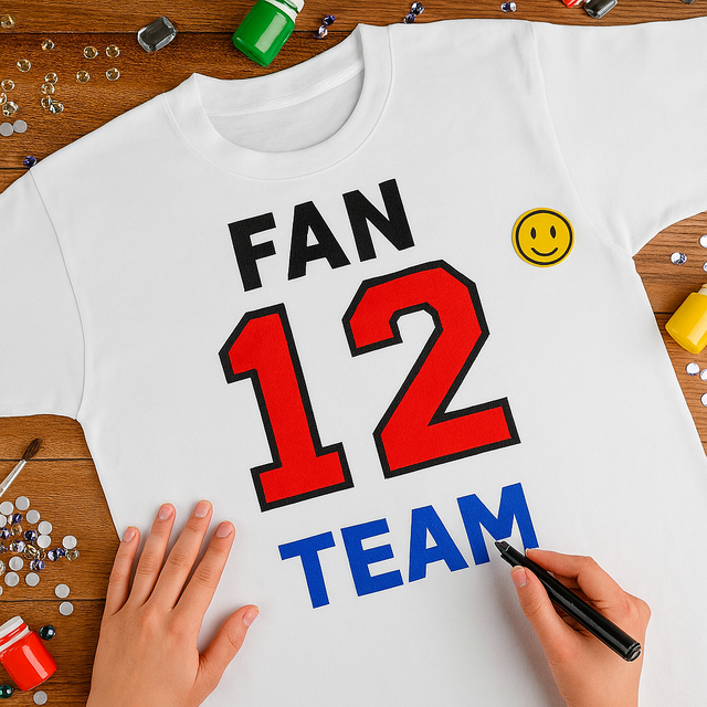 Child designing a blank t-shirt with a sports team design
