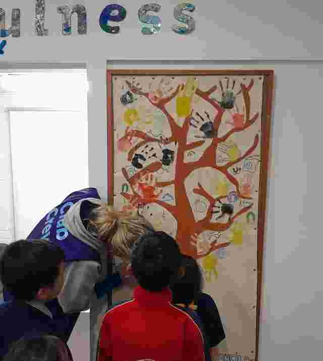 A group of children observe a large paper tree mural with colorful handprints in a classroom under the word "wellness."