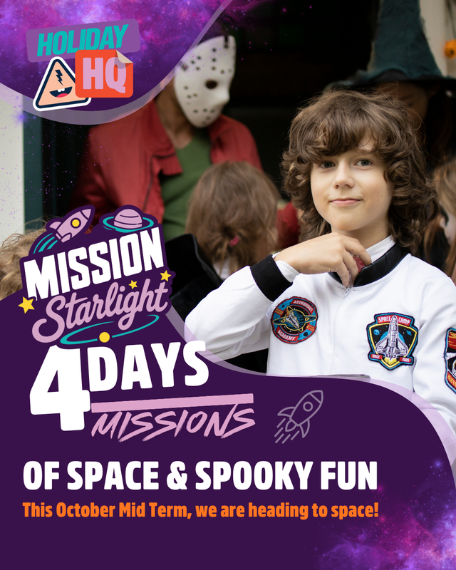 Child in space-themed costume smiling, surrounded by others in spooky costumes. Text: "Mission Starlight: 4 Days of Space & Spooky Fun."