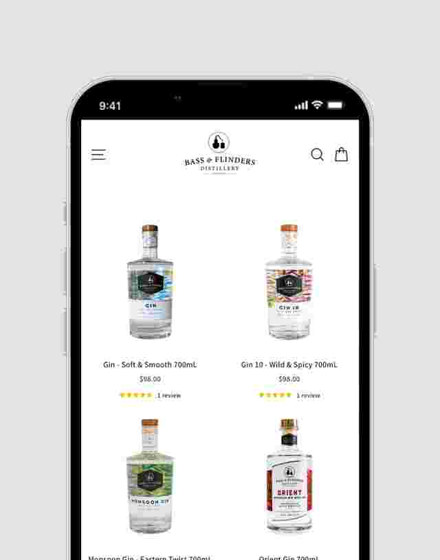 Bass and flinders gin collection page showing a variety of Australian made gins. 