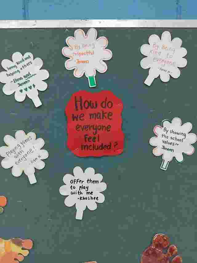 Bulletin board with paper flowers sharing ideas on inclusion, such as being kind and respectful, around a central question: "How do we make everyone feel included?"
