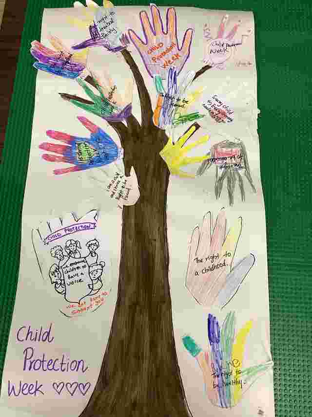 A paper tree with colorful handprints, each displaying messages for Child Protection Week, representing children's rights and safety.