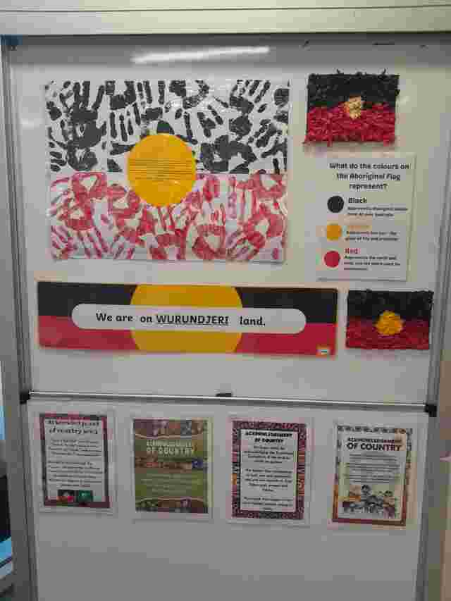 Classroom board displaying Aboriginal flag art, Wurundjeri land acknowledgment, and explanations of the flag's colors.