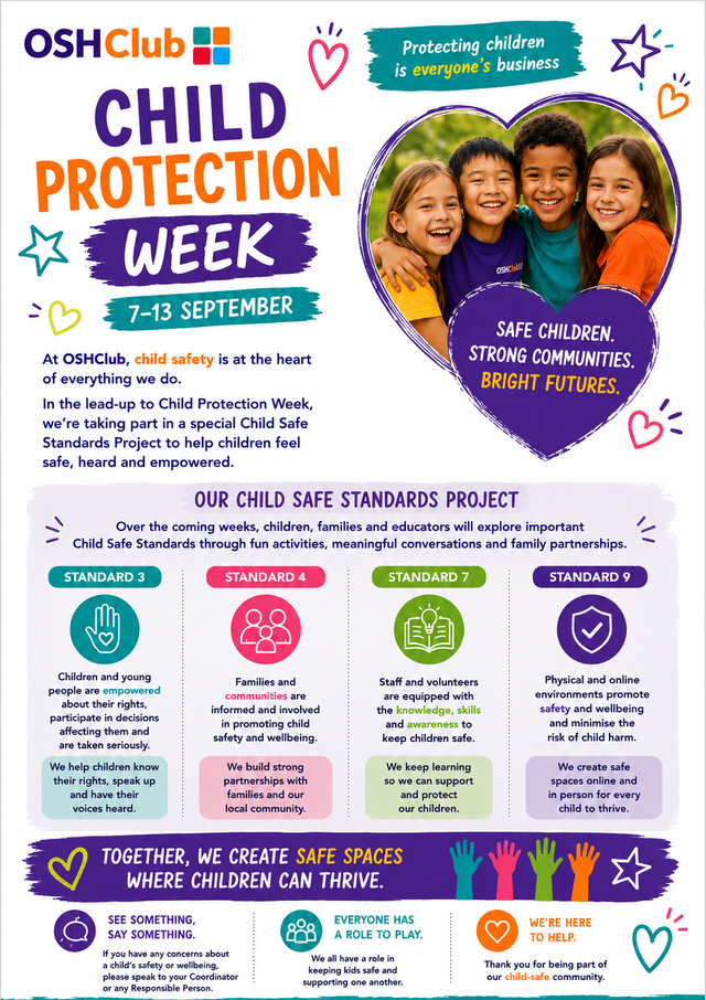Child Protection Week poster with info on safety standards and community roles, featuring four smiling children in a heart frame.