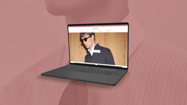 A laptop displaying the Thomas Pink commerce site appears on a pink background. 