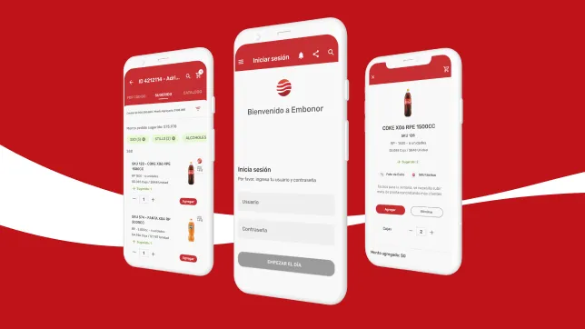 Three mobile phones display Coca Cola Embonor's eCommerce website