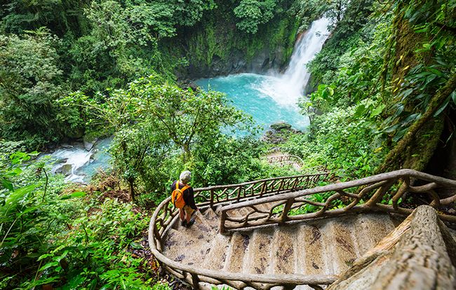 A person with a backpack standing in the middle of a staircase located in the middle of a lush green jungle and a gushing waterfall in the background