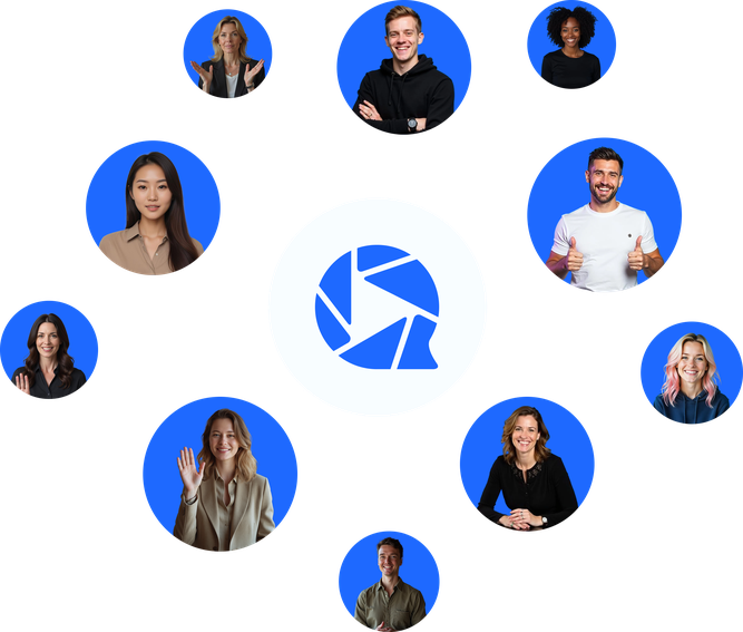 WebinarGeek logo surrounded by nine diverse people in circular frames, each on a blue background, creating a connected network.