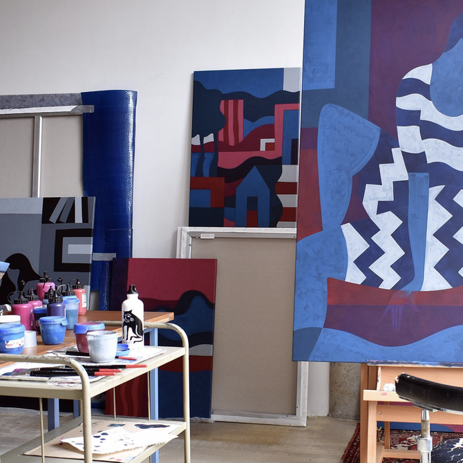 Piet Parra's studio, showing multiple canvas