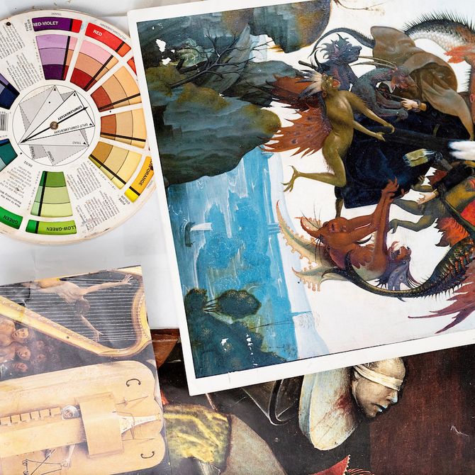 Image of a Hieronymous Bosch painting next to a wheel of paint colours