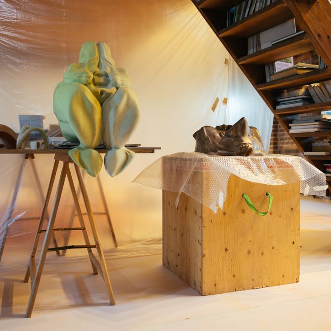 two sculptural works-in-progress in Marguerite Humeau's studio – resting on sheets of bubble wrap