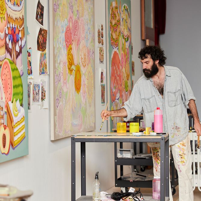 Pedro Pedro painting canvases in studio