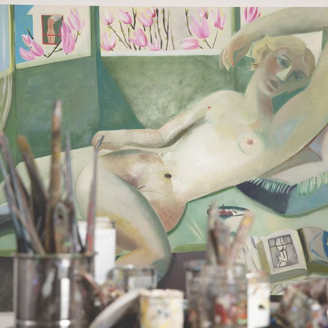 a large nude painting of a woman reclining on a sofa in Danielle Orchard's studio