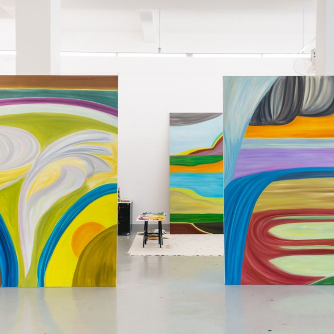 two large paintings in Marina Perez Simão's studio