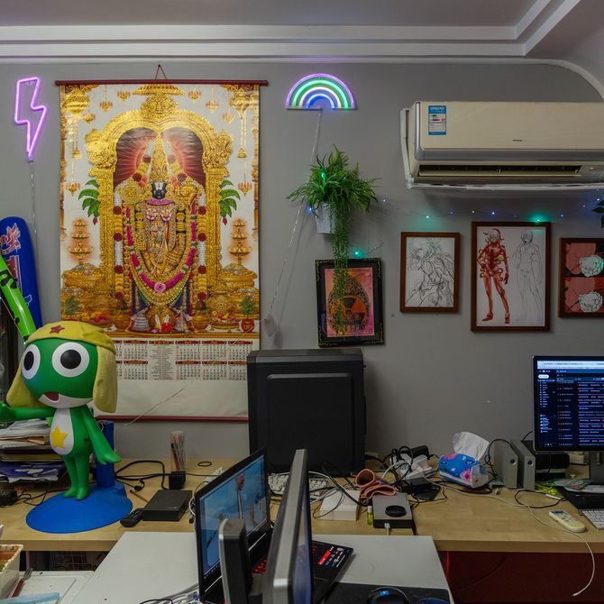 inside of a studio with various props, toys and screens
