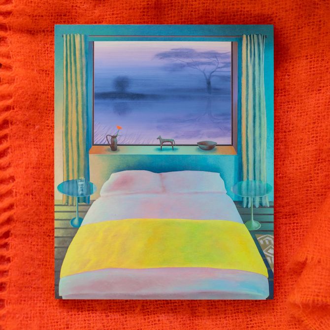 Alfie Caine's bed drawing on orange blanket