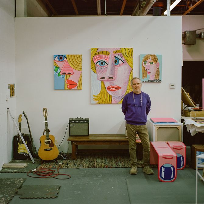 Brian Calvin in eclectic pink studio