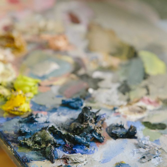 close-up of thick oil paints applied to a palette