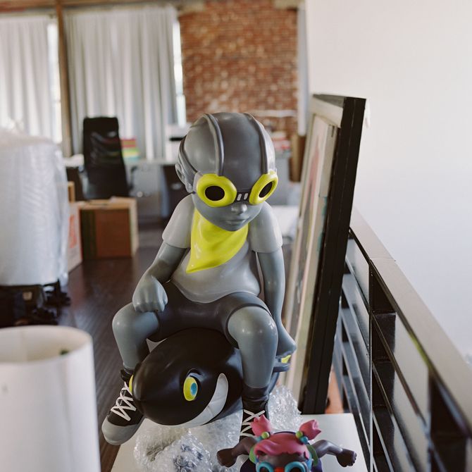 Flyboy sculpture photographed in Hebru Brantley's studio