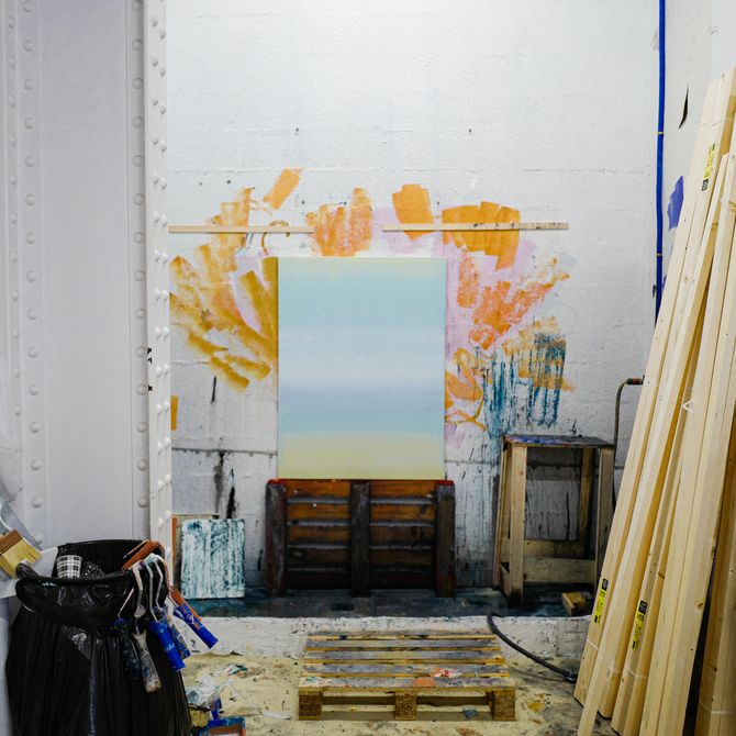 a painting propped up in Pablo Tomek's studio