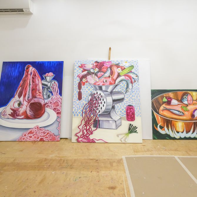 Paintings inside Nikki Maloofs studio