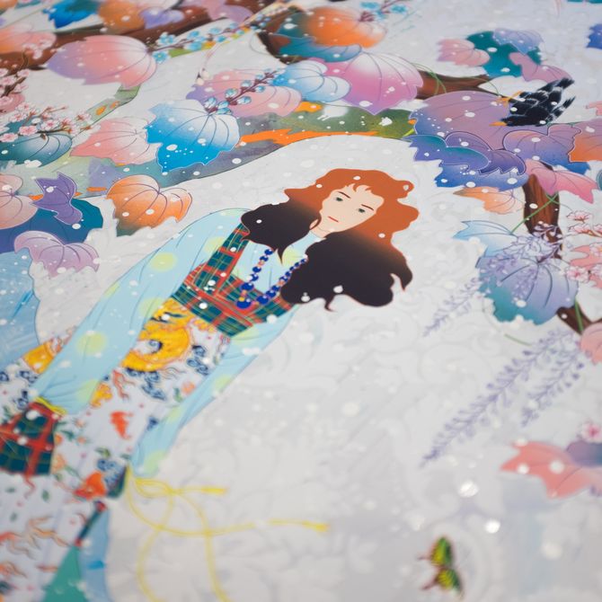 Close-up of colourful Matsuyama print