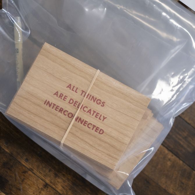 a plastic bag containing blocks of wood stacked on top of one another, held together with an elastic band, with text on them