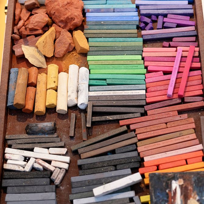 tray of pastels of varying colours