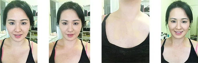 From left: The natural face, Foundation matched to the face, Matching to the chest, Foundation matched to chest.