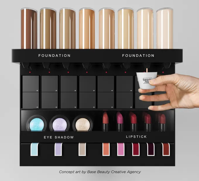 Different foundation shades, displayed like an espresso machiene