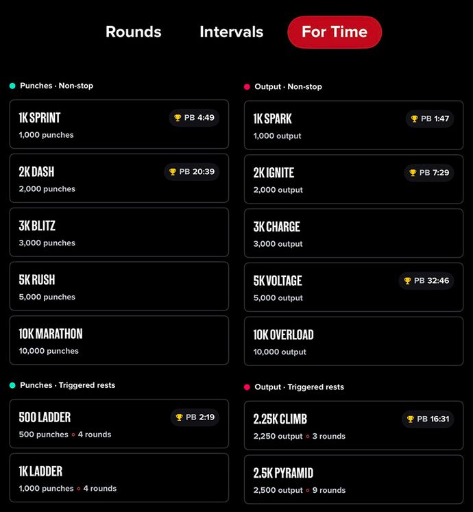Workout leaderboard with categories: Punches and Output, showing challenges like 1K Sprint and 1K Spark, each with personal best times.