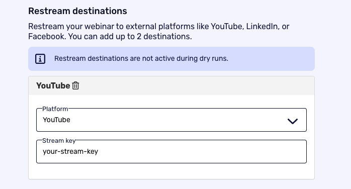 Restream destinations settings for a webinar with YouTube platform selected and a placeholder for a stream key.