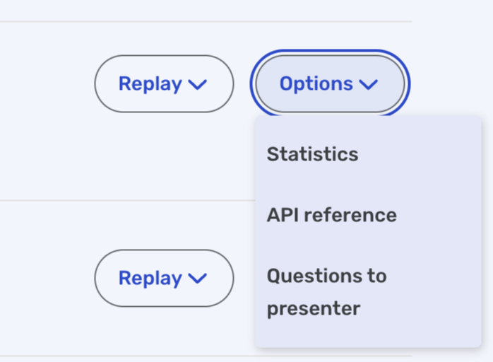 Dropdown menu with "Options" button open, displaying "Statistics," "API reference," and "Questions to presenter" options.