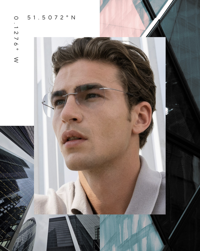 moodboard with photos of London architecture, and a man wearing grey tinted TMA - The Icon