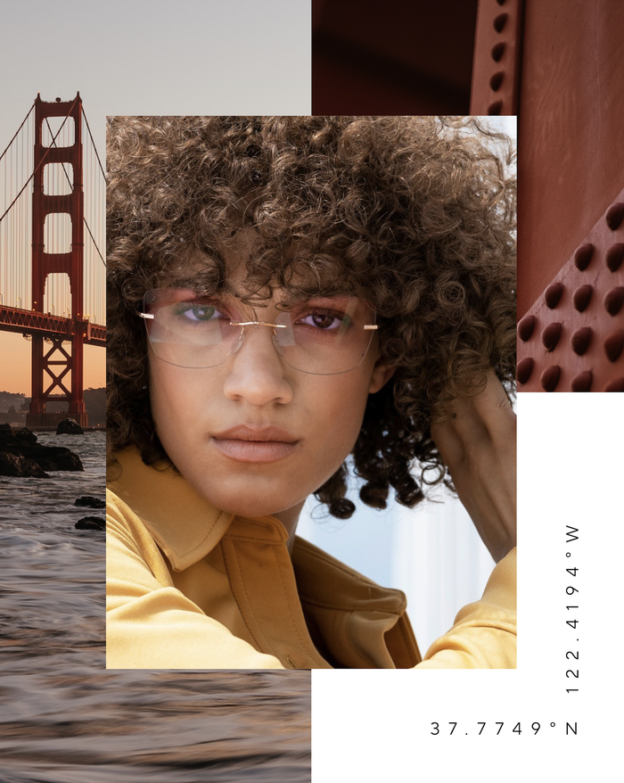 moodboard with photos of San Francisco, and a woman with rose tones wearing rosé colored TMA - The Icon