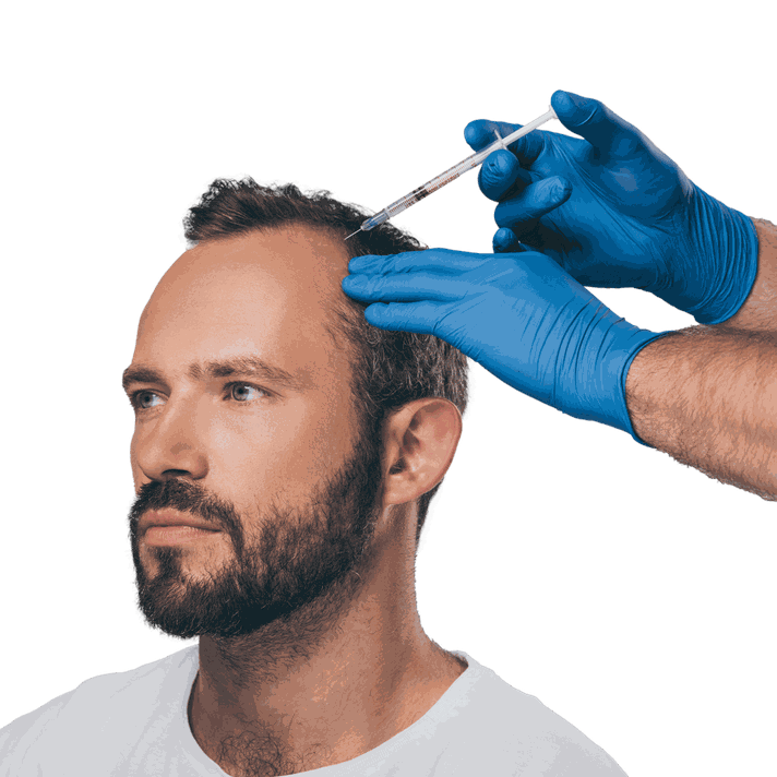 Arzt mit blauen Latexhandschuhen setzt eine Spritze am Kopf eines bärtigen Mannes mit schütterem Haar an