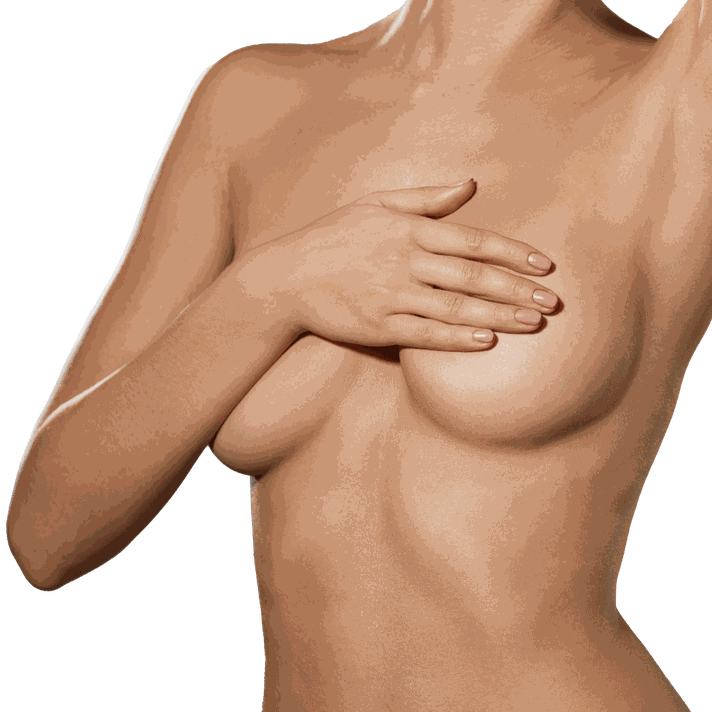 Frau mit nacktem Oberkörper, die ihre Brust mit der Hand verdeckt