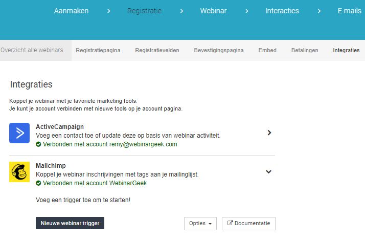 Screenshot van integratie voor individueel webinar