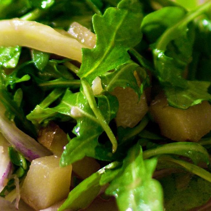 Roasted Fennel, Pear and Arugula Salad with Balsamic-Grape Dressing