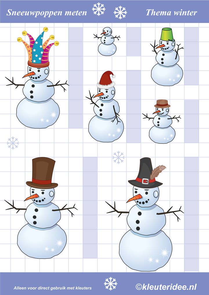 Sneeuwpoppen meten, thema winter, kleuteridee.nl , Preschool snowmen measure, free printable