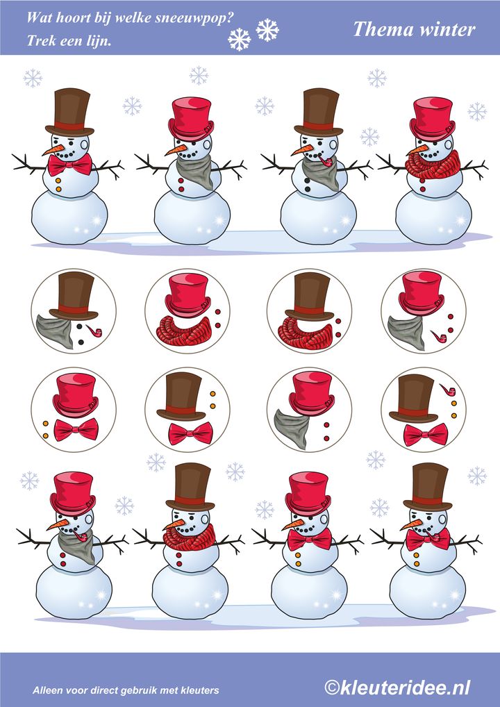 Wat hoort bij welke sneeuwpop, thema winter voor kleuters, kleuteridee.nl , What belongs to the snowman, Preschool winter theme, free printable
