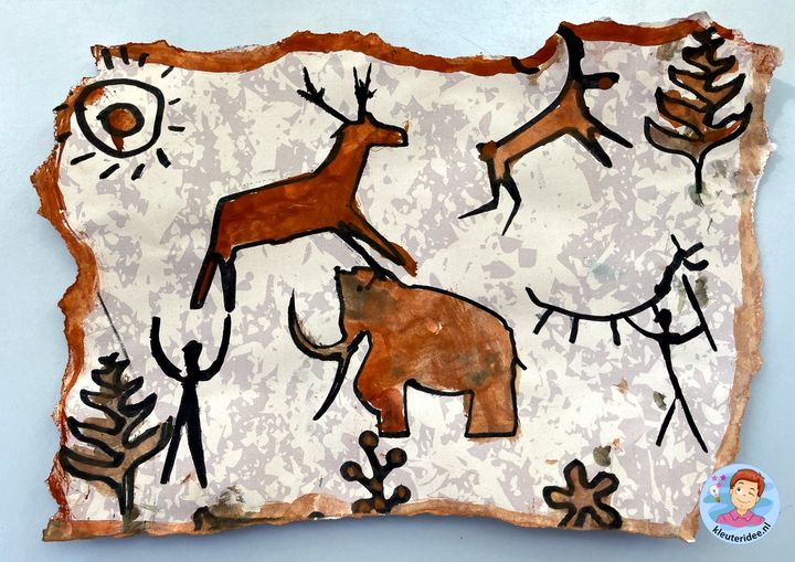 grotschildering knutselen met kleuters, thema holbewoners, kindergarten caveman theme, kleuteridee