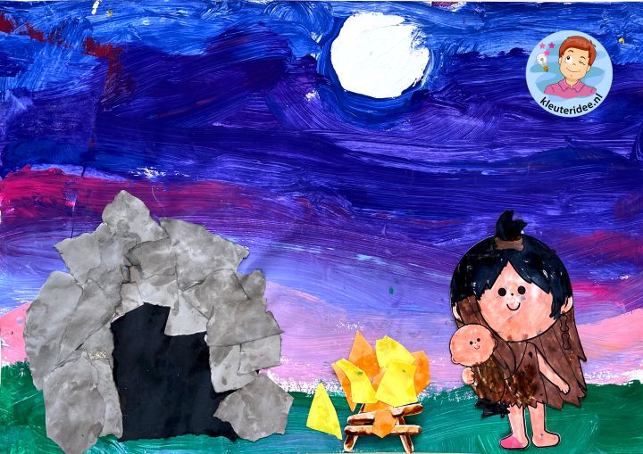 Collage holbewoners door kleuters, thema prehistorie, Kleuteridee, Kindergarten cave man craft