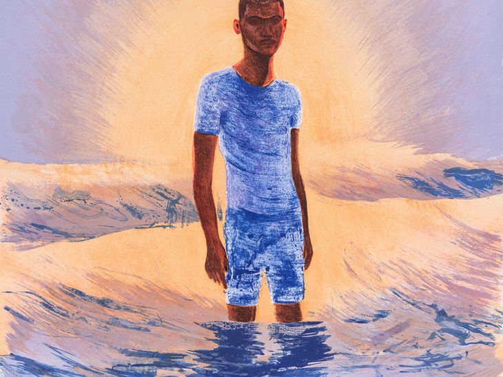 painting of a boy in a blue t-shirt, standing in the sea
